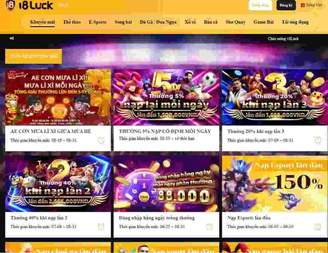 Giao diện website 18Luck thiết kế nổi bật